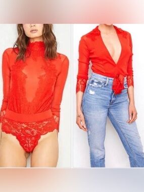 We Are HAH Take HAH Bow Bodysuit Red Lace Reversible Long Sleeve Sheer XS